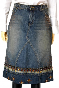 Unikatowa zdobiona biżuteryjna spódnica jeansowa gypsy hippie M L