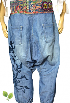 Jeansowe spodnie alladynki baggy ze zdobionym pasem obniżonym krokiem M L